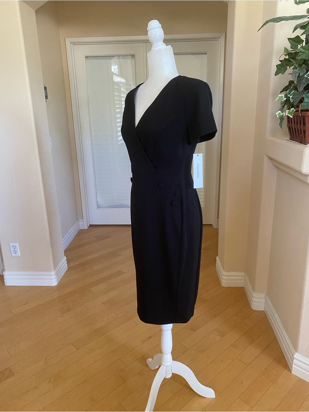 Calvin Klein Black V-Neck Button Design Sheath Dress